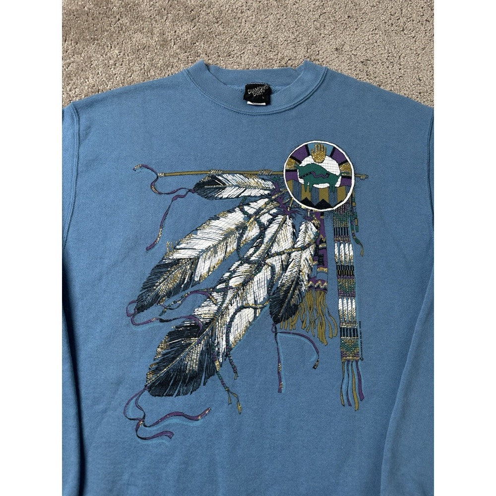 Vintage Mens Sweatshirt 90s Diamond Dust Feather Graphic, Made In USA, Size L - Picture 2 of 7